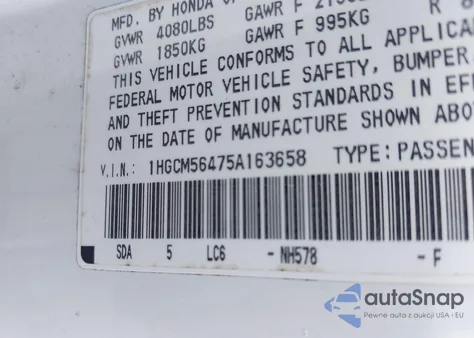 2005 Honda Accord 2.4 Lx из США, поврежденный, VIN 1HGCM56475A163658